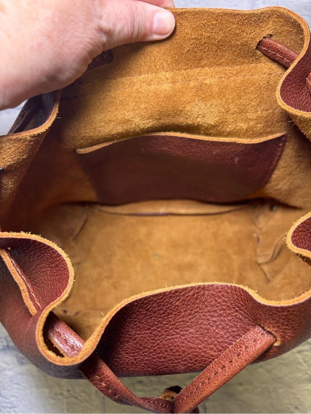 Portland Leather Goods Bucket Backpack Brown Full Grain Leather Drawstring Bag